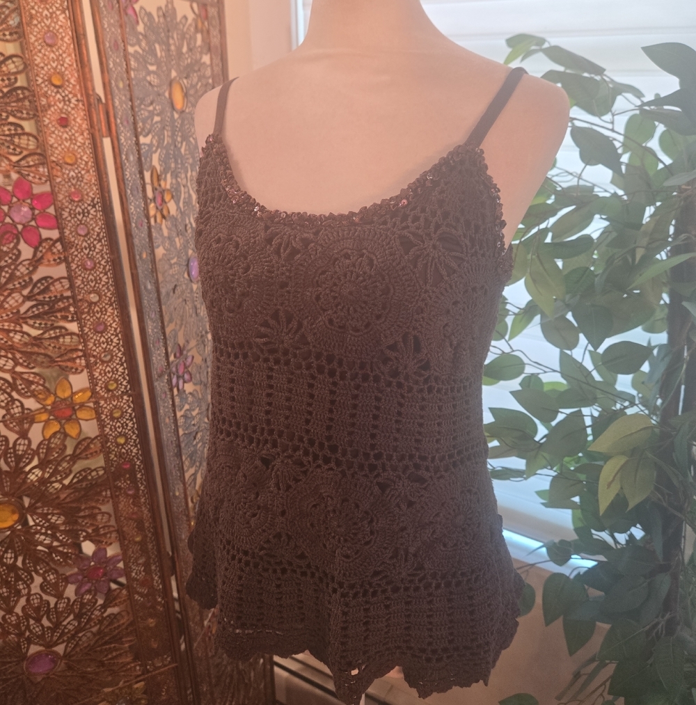 Crochet Silk Cotton Sequins Boho Fairy Whimsical Brown Cami Top Large